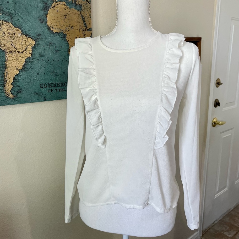 Sense • White Ruffle Trim Shirt